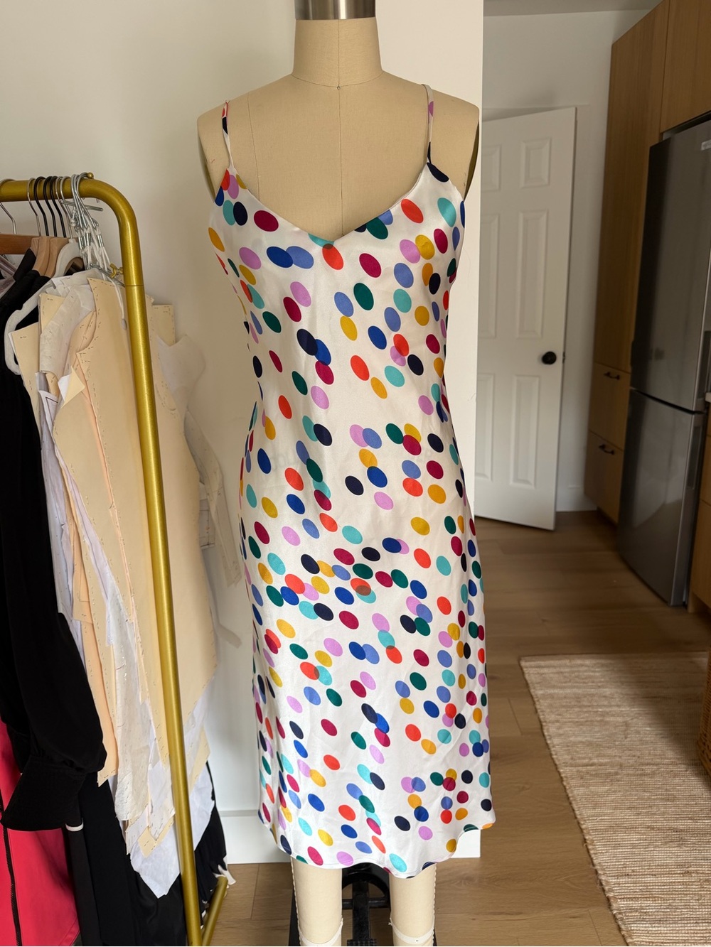 Vanessa Mooney White Slip Dress with Multicolor Dot Print